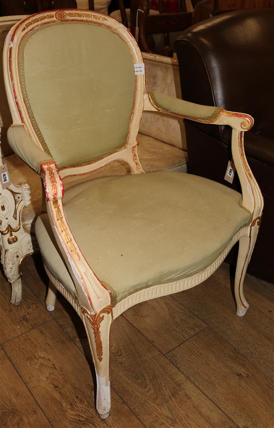 An Adam style cream and gilt elbow chair